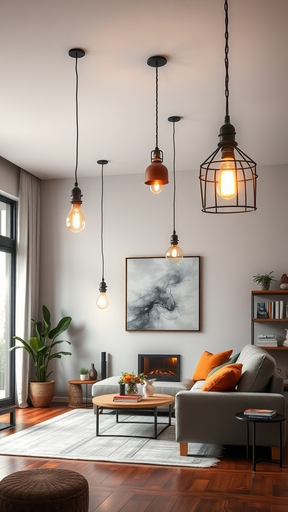 A cozy living room featuring various industrial hanging light fixtures, a gray sofa, and a modern decor style