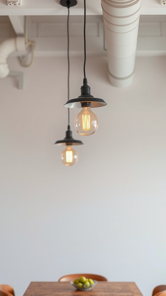 Industrial pendant lights hanging above a dining table with a fruit bowl.