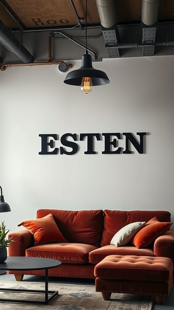 A cozy living room featuring an orange velvet sofa, industrial lighting, and a wall with 'ESTEN' written on it.