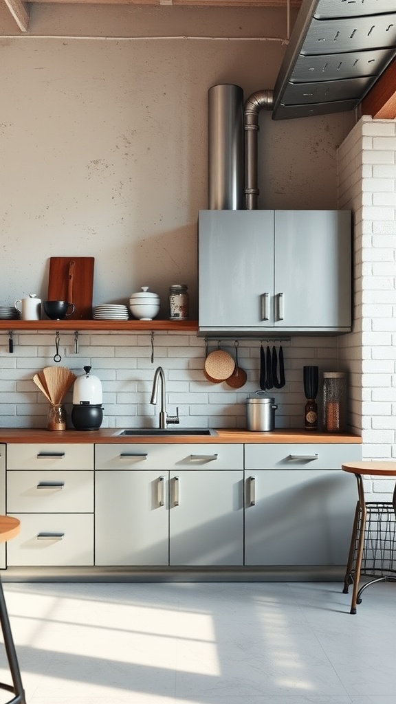 Modern kitchen with industrial metal cabinets, wooden countertop, and open shelving.