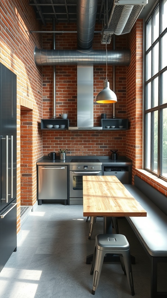 An industrial modern kitchen nook featuring exposed brick walls, sleek appliances, and a wooden table.