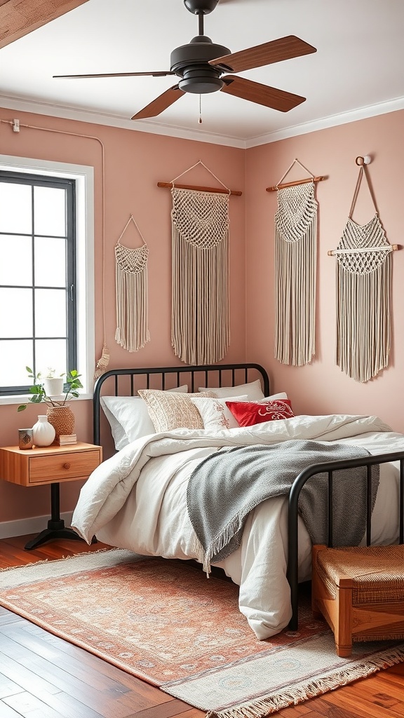 A cozy bedroom featuring blush walls, a black metal bed frame, macramé wall hangings, and layered rugs.