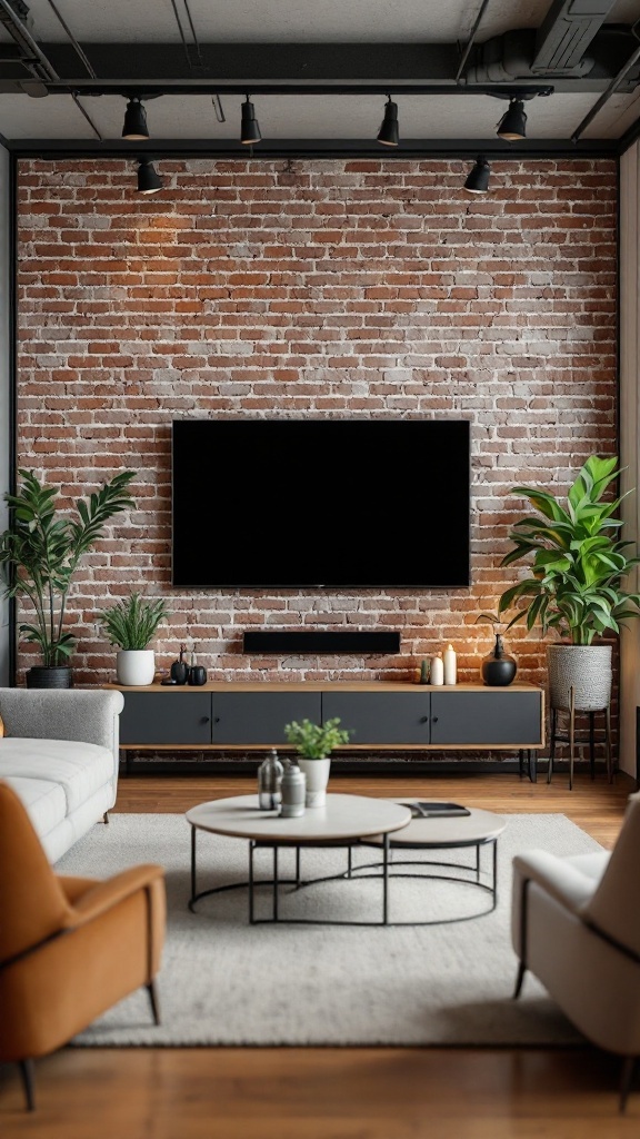Living room featuring an industrial style with a brick wall and modern luxury TV wall design.
