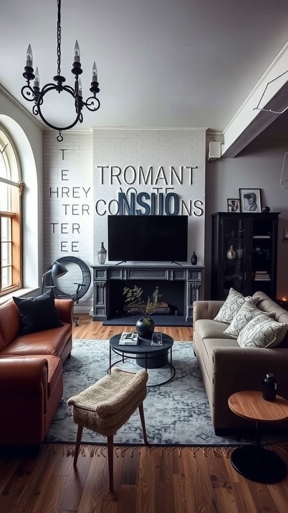A cozy living room featuring dark leather sofas, a stylish chandelier, and modern decor against a light wood floor.