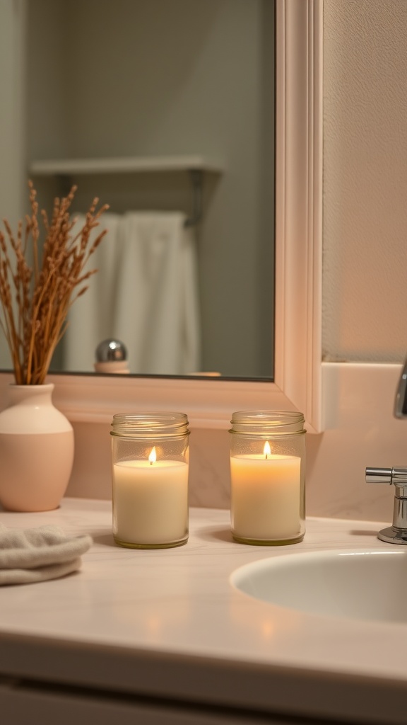 Two lit DIY candles on a bathroom countertop next to a small vase and a towel.