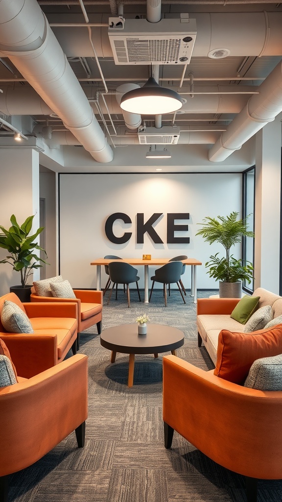 Informal breakout area featuring orange chairs, a round table, and plants in a modern office setting.