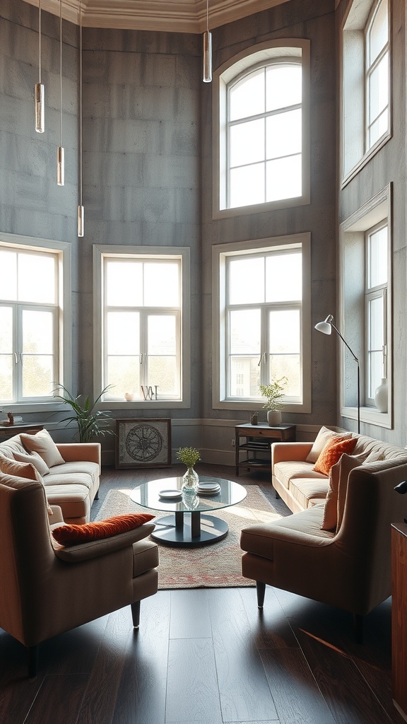A cozy Brutalist living room with concrete walls, large windows letting in natural light, and velvet furniture in warm colors.