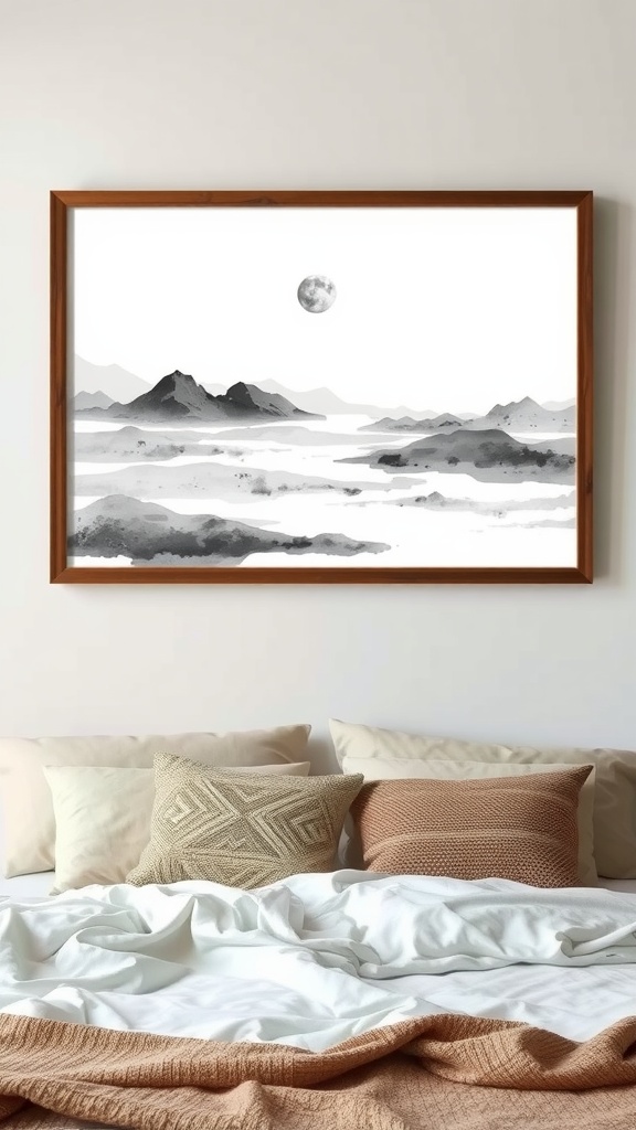 A serene ink wash painting of mountains and a moon hanging above a cozy bed with soft pillows and blankets