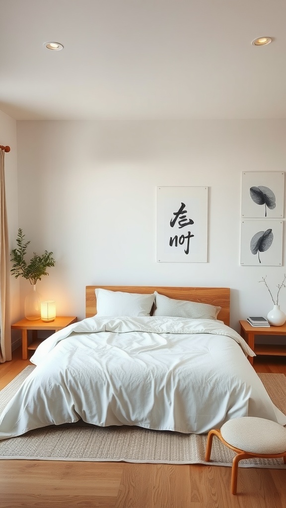 A serene bedroom featuring ink wash paintings on the wall, a cozy bed with white bedding, and minimalistic decor elements.