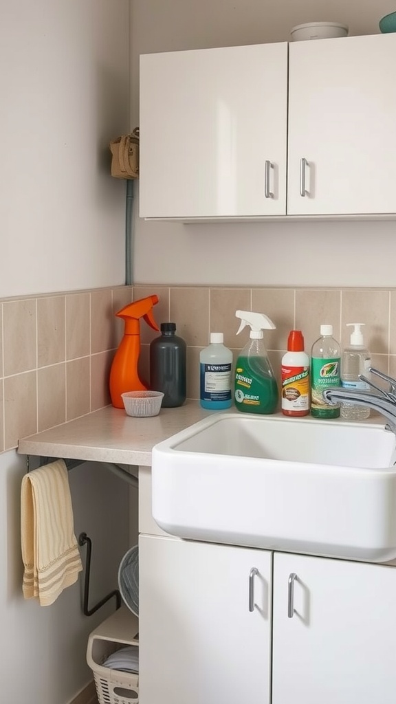 A compact cleaning area in a small kitchen featuring a sink, cleaning supplies, and organized storage.