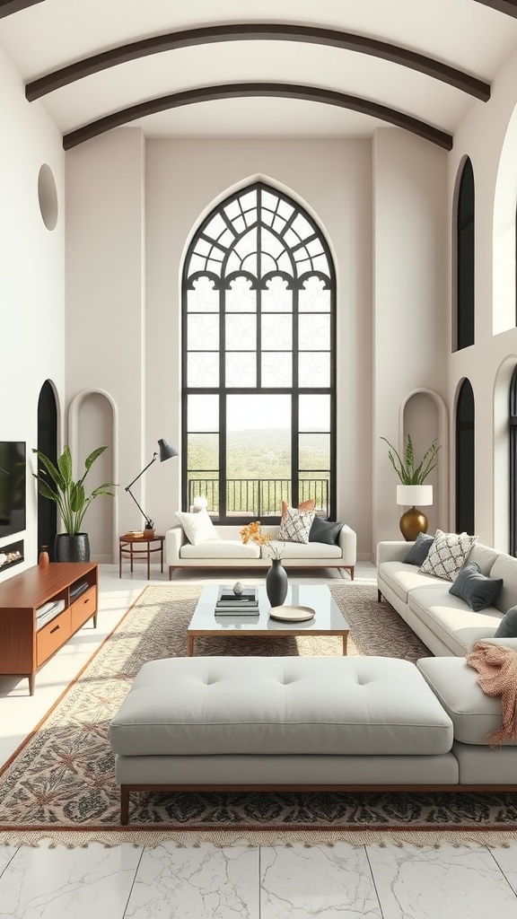 A spacious living room with large arched windows, exposed wooden beams, and modern furniture, blending Mediterranean and Gothic styles.