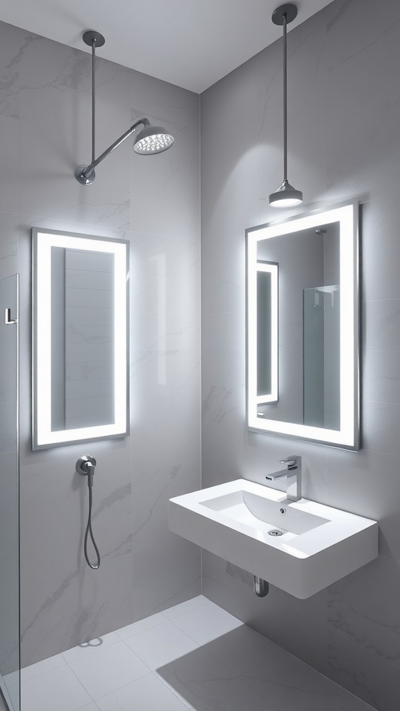 Modern bathroom with innovative lighting solutions, featuring an illuminated mirror and pendant lights.