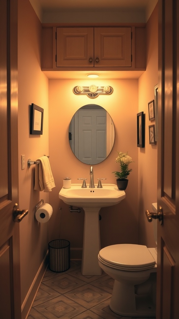 A small bathroom with peach walls, under-cabinet lighting, a round mirror, and a cozy atmosphere.