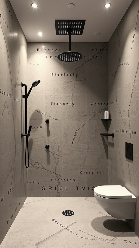 Innovative modern shower design with sleek black fixtures and artistic wall texture