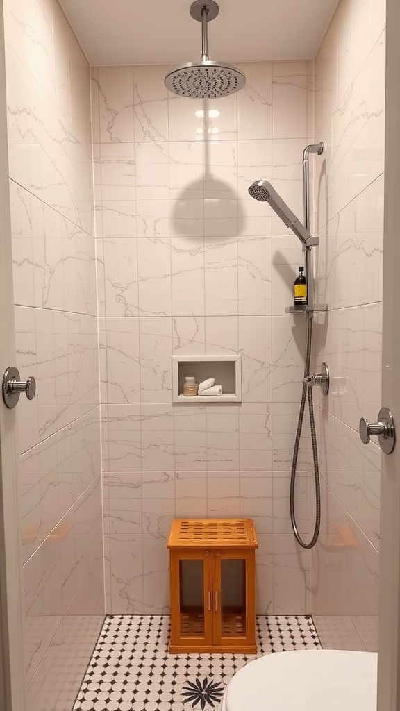 A modern shower with built-in storage, polished tiles, and a wooden stool.