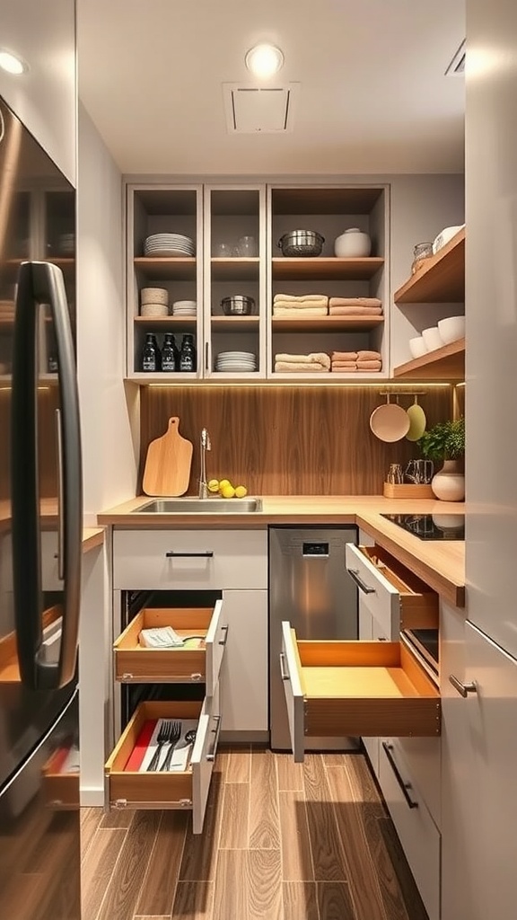 A modern tiny kitchen with efficient storage solutions, featuring open shelves and multiple drawers.