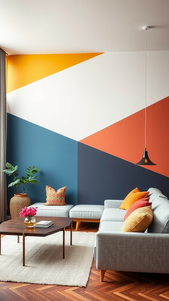 A contemporary living room featuring a color-blocked wall with blue, orange, yellow, and white segments, complemented by a modern couch and decor.