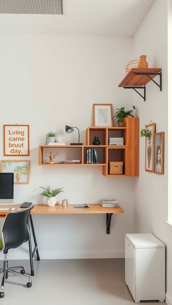 A small office with wall-mounted shelves, a desk, and plants, showcasing innovative use of vertical space.