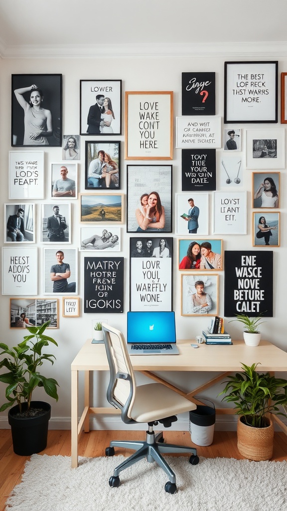 Gallery wall with a mix of framed photographs and motivational quotes in a home office setting.