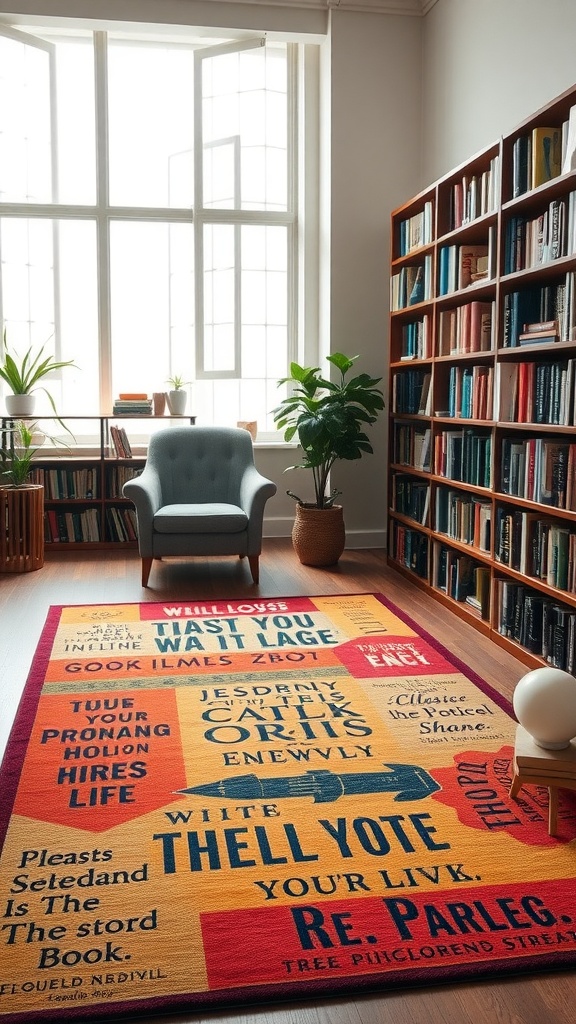 A cozy library with a colorful rug featuring inspirational literary quotes, a comfy chair, and bookshelves filled with books.