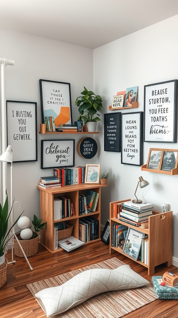 A cozy reading corner in a classroom with inspirational quote posters, bookshelves, and a comfortable floor cushion.