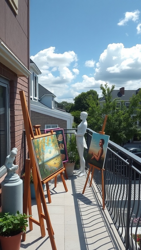 A small balcony displaying several paintings on easels and a white statue, surrounded by potted plants.