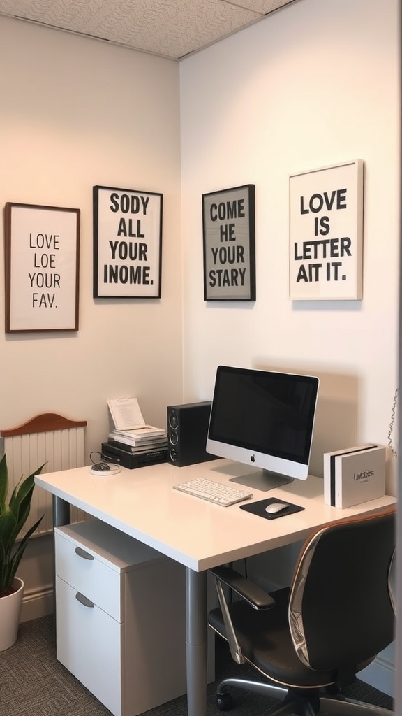 A small home office setup featuring a white desk, an iMac, and framed motivational art on the wall.