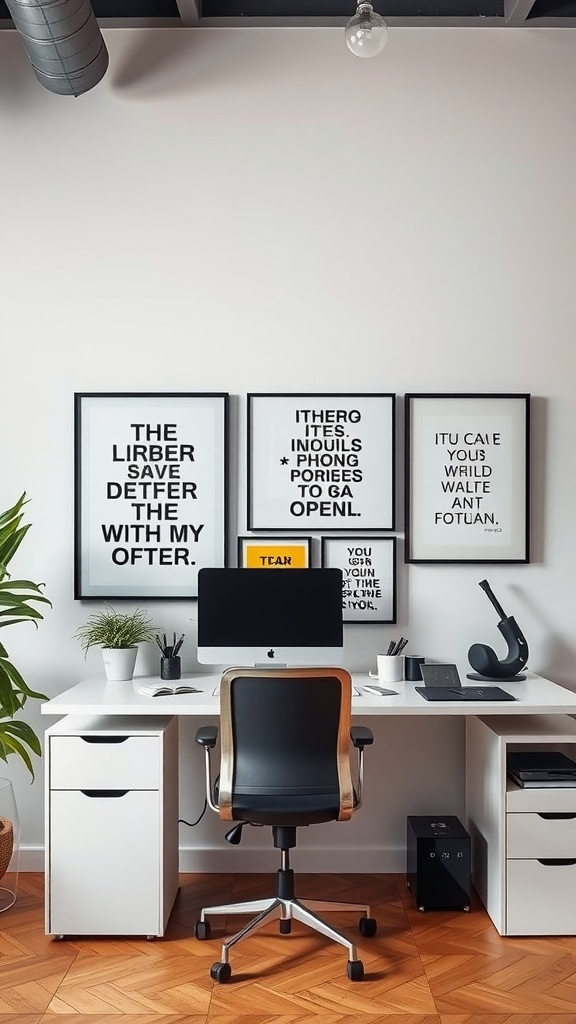Minimalist office setup featuring wall art with bold typography