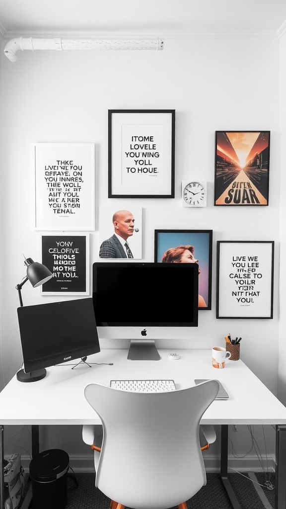 A stylish small home office featuring inspiring wall art and modern desk setup.