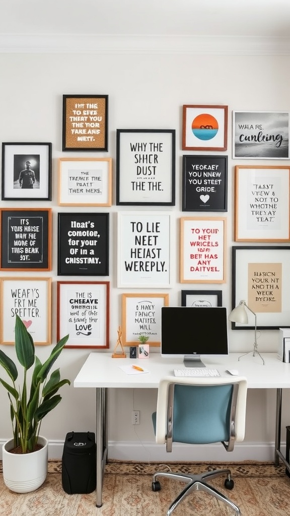 A stylish home office wall with an array of framed art, including motivational quotes and personal photos, enhancing the workspace.