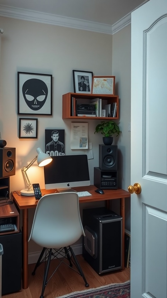 A stylish small home office with an iMac, lamp, and decor, showcasing a perfect workspace for inspiration.