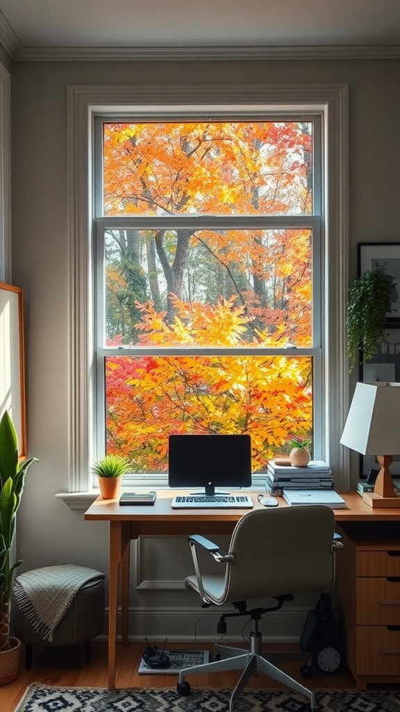 A cozy home office with a desk, computer, and a view of vibrant fall foliage through a large window.