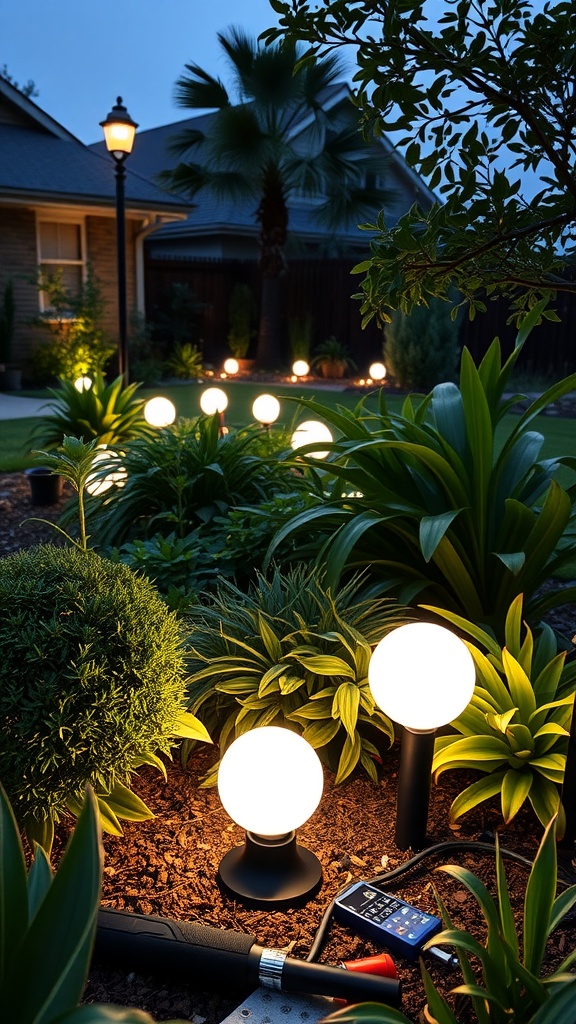 An outdoor garden scene showcasing solar uplighting with spherical lights placed among plants, along with installation tools.
