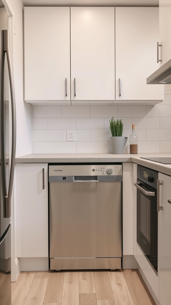 A compact dishwasher installed in a modern small kitchen with white cabinetry.