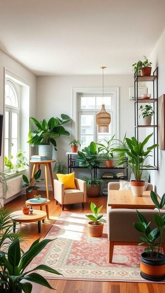 A bright and inviting Living Room & Dining Room Combo filled with various indoor plants, showcasing a blend of greenery and modern decor.