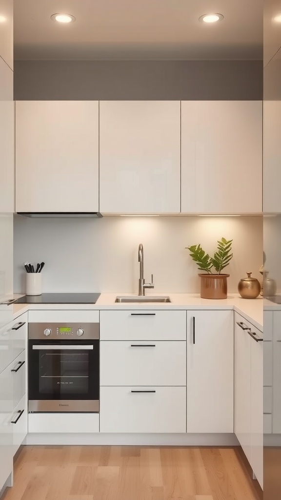 Sleek tiny kitchen with integrated appliances and modern design.