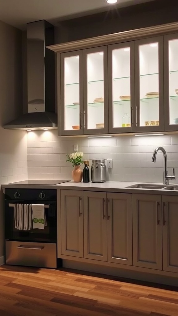 Farmhouse kitchen with integrated lighting in glass cabinets, showcasing dishes and decor.