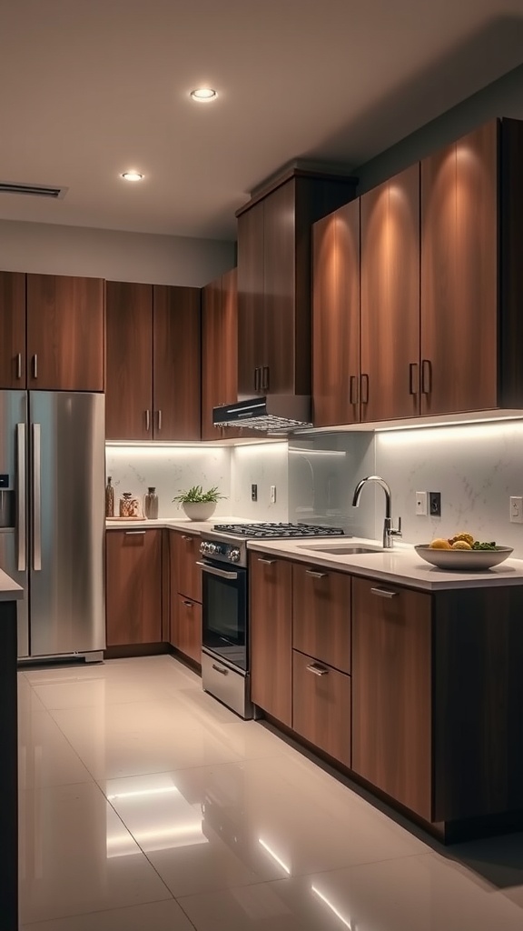 A modern kitchen showcasing integrated lighting in wooden cabinets.