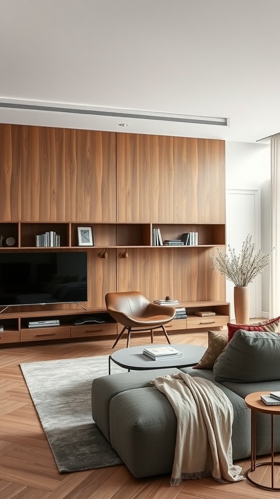 A contemporary living room featuring integrated wooden shelving, a cozy sofa, and a stylish chair, all designed in Japandi style.