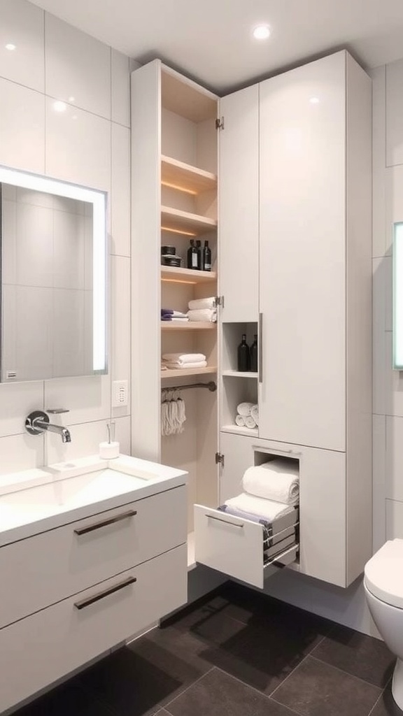 Modern luxury bathroom with integrated storage solutions, featuring open shelves and closed cabinets.