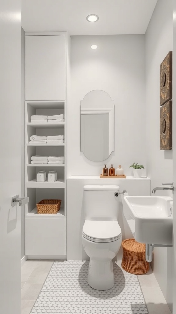 A modern bathroom with integrated storage, featuring white walls, a round mirror, and tidy shelves.