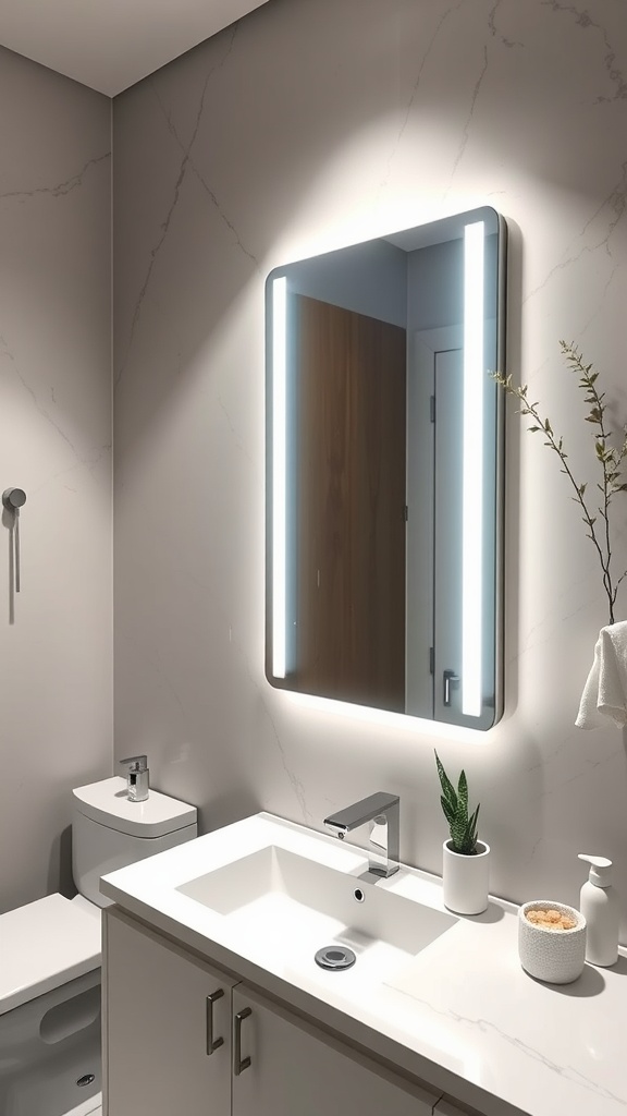 A modern bathroom featuring a smart mirror with integrated lighting, sleek faucet, and minimalistic decor.