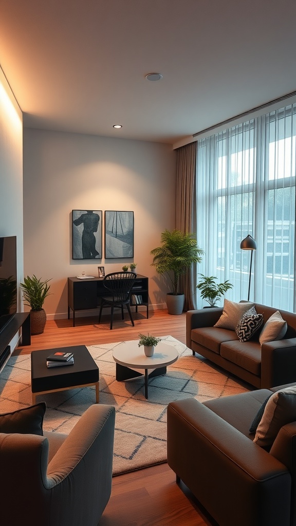 A modern living room with integrated smart lighting, showcasing cozy furniture, plants, and soft lighting.