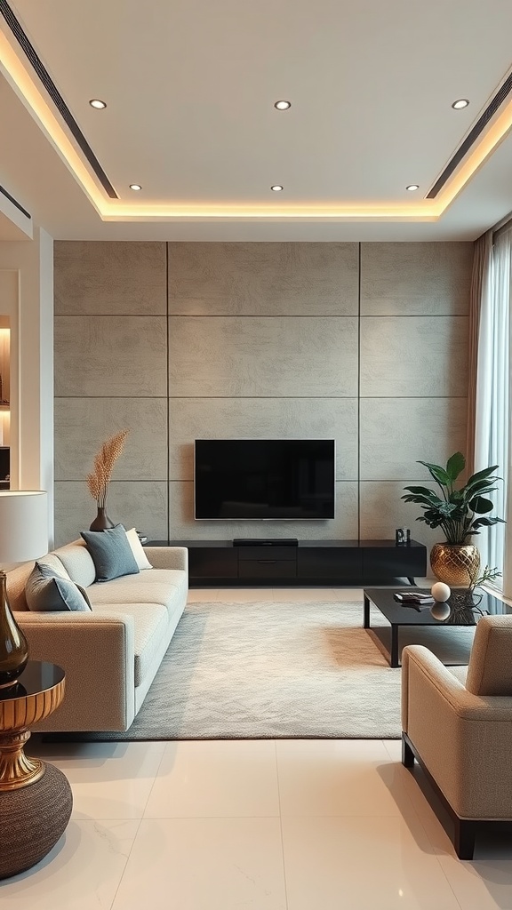 Stylish living room with modern furniture, a flat-screen TV, and subtle lighting