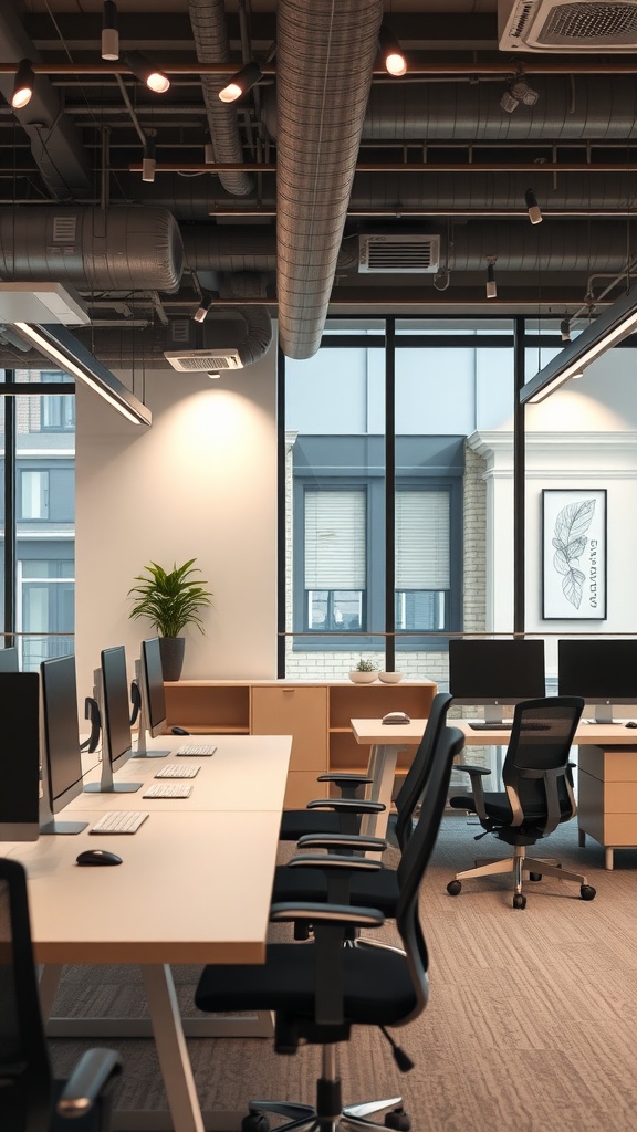 Modern small office interior with computers and ergonomic chairs