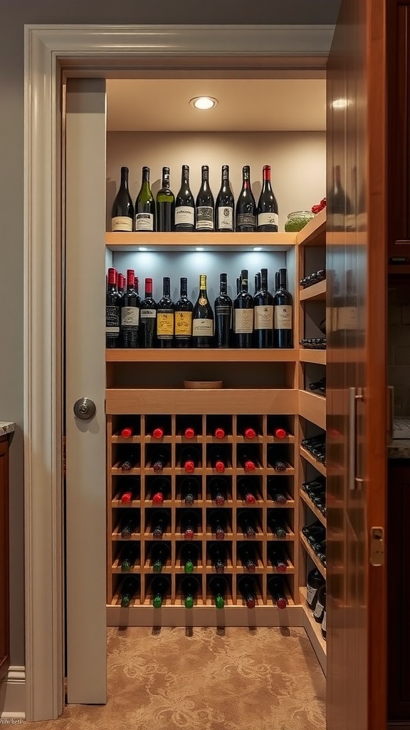 A pantry door featuring an integrated wine rack with a variety of wine bottles neatly arranged on shelves.