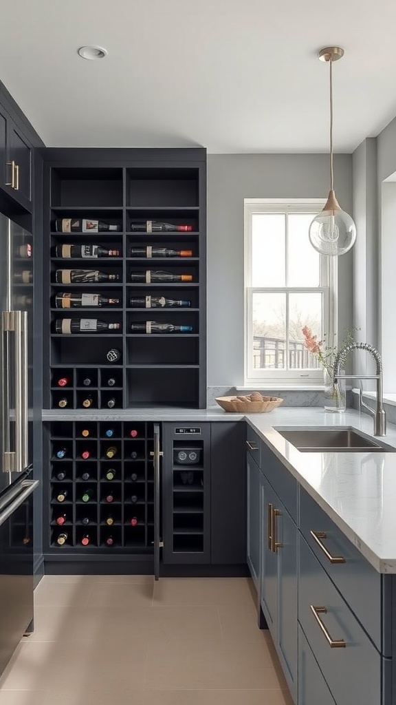 Modern small kitchen with integrated wine rack and dark cabinetry