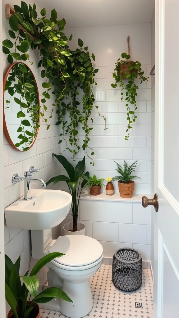 A small bathroom with plants integrated into the decor, featuring a round mirror and a clean, modern design.