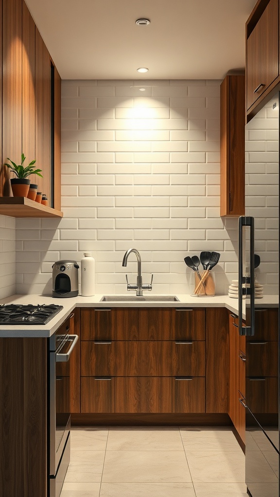 Modern small kitchen with wood cabinetry and sleek appliances