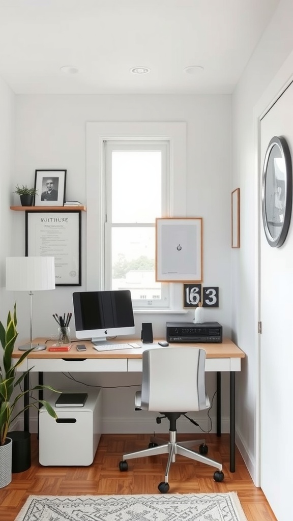 A stylish feminine small home office featuring a desk, computer, and decorative elements.
